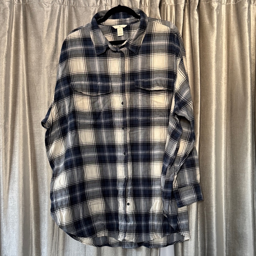 H&M Navy and Cream Plaid Button-Down Shirt Dress